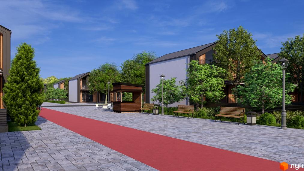 Зовнішній вигляд будинків та прибудинкова територія з червоною доріжкою, лавками та кіоском у котеджному містечку КМ Beverly Hills Town.