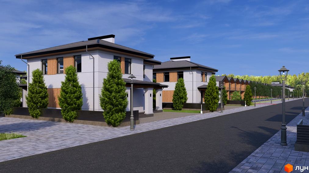 Котеджне містечко КМ Beverly Hills Town: двоповерхові будинки з білими фасадами, дерев'яними елементами та сірими дахами, розташовані вздовж вулиці з бруківкою та вуличним освітленням.