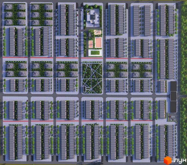 Котеджне містечко KM Beverly Hills Town з рядами будинків та зеленою прибудинковою територією. Вигляд зверху на планування житлового комплексу.