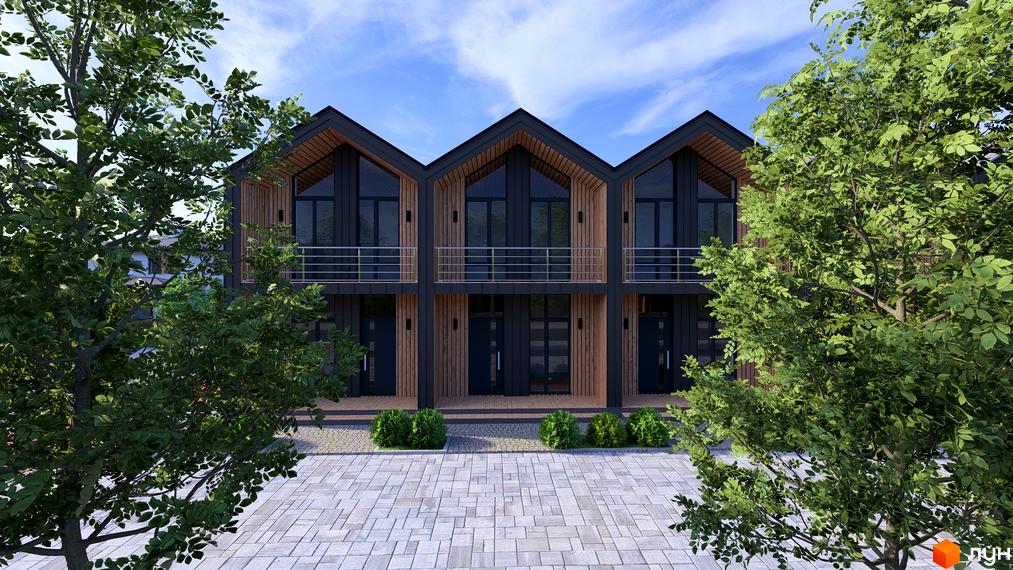 Котеджне містечко КМ Beverly Hills Town: триповерхові будинки з дерев'яними та темними фасадами, балконами та великими вікнами, перед якими розташована брукована територія та зелені кущі.