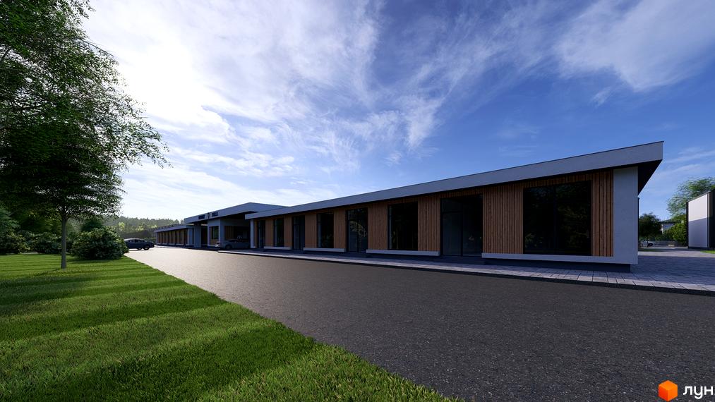 Зовнішній вигляд котеджного містечка КМ Beverly Hills Town з дерев'яними фасадами та великими вікнами. Навколо будівлі доглянутий газон та асфальтована дорога.