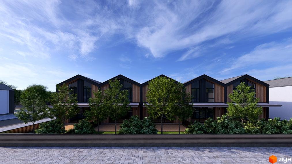 Котеджне містечко КМ Beverly Hills Town: сучасні таунхауси з дерев'яним фасадом та великими вікнами, оточені зеленню та доглянутою територією.