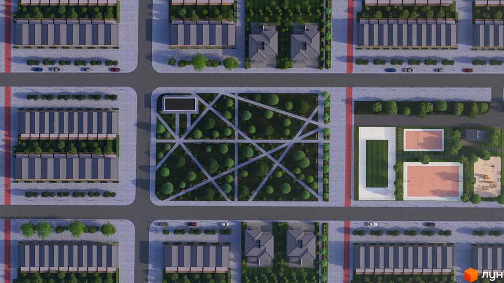 Котеджне містечко Beverly Hills Town з рядами таунхаусів, парковою зоною, спортивними майданчиками та дитячим майданчиком. Оглядовий вид зверху на забудову та прибудинкову територію.