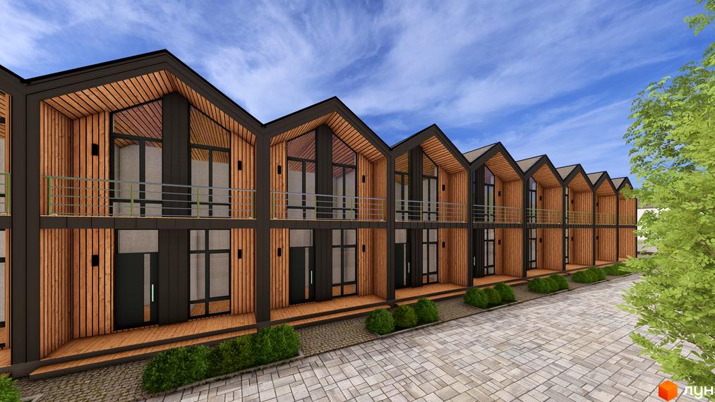 Котеджне містечко Beverly Hills Town: двоповерхові будинки з дерев'яним фасадом та великими вікнами, розташовані вздовж бруківки з кущами.