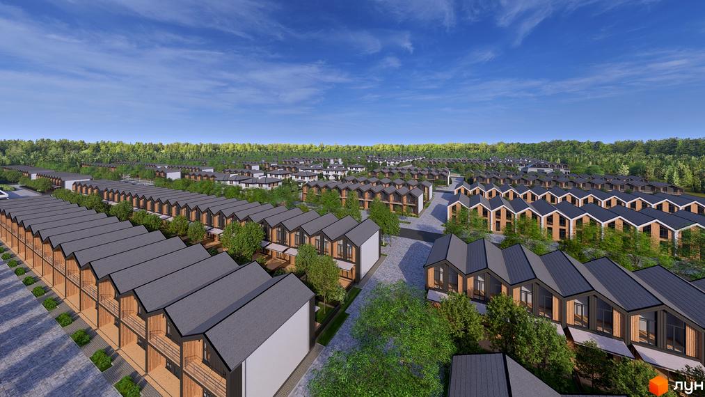 Котеджне містечко КМ Beverly Hills Town: вид зверху на ряди двоповерхових будинків з темними дахами та дерев'яними фасадами, оточених зеленню. Територія комплексу має бруковані доріжки та дерева.