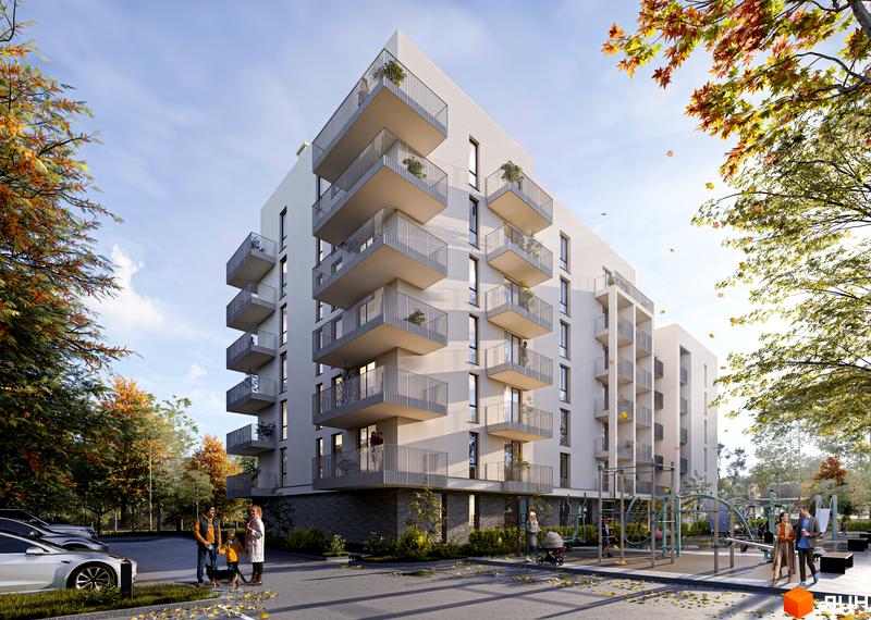 Житловий комплекс Green Yard - багатоповерховий будинок з балконами та дитячим майданчиком. Навколо будинку дерева з осіннім листям та припарковані автомобілі.