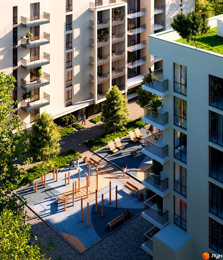 Житловий комплекс Green Yard: фасади будівель з балконами та вікнами, зелена прибудинкова територія з дитячим майданчиком та зонами відпочинку.