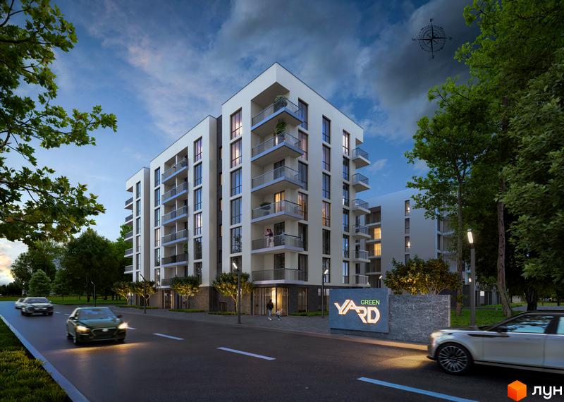 Житловий комплекс Green Yard – це багатоповерхова новобудова з балконами та сучасним фасадом. Територія навколо будинку озеленена деревами та освітлена ліхтарями.