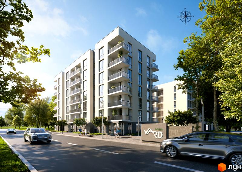Зовнішній вигляд житлового комплексу Green Yard з балконами та вікнами, що виходять на дорогу та зелену зону. Навколо новобудови розташовані дерева та доглянута прибудинкова територія.