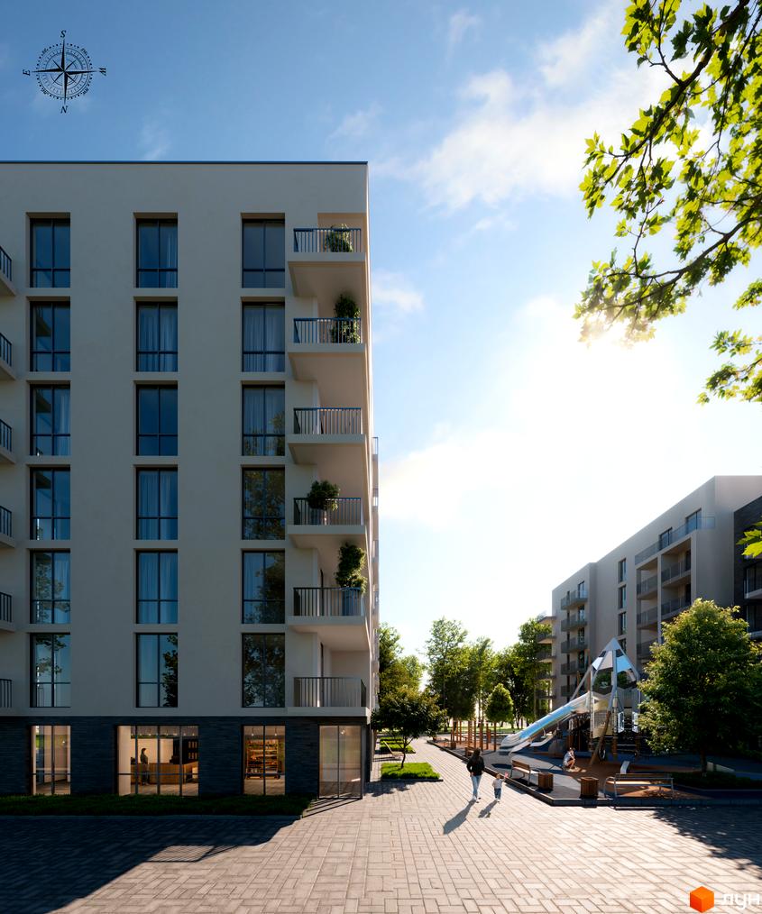 Зовнішній вигляд житлового комплексу Green Yard з фасадами, балконами та вікнами, а також дитячим майданчиком та зеленими насадженнями на прибудинковій території.