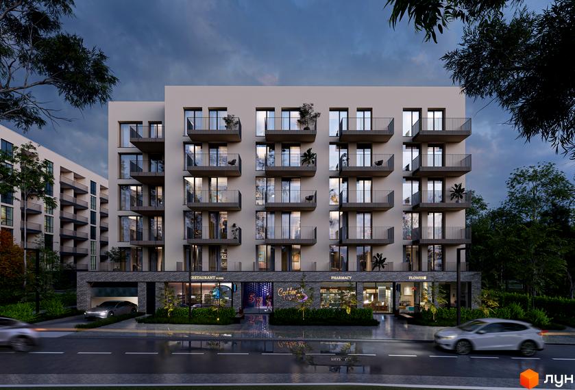 Новобудова Green Yard з балконами та комерційними приміщеннями на першому поверсі. Навколо будинку зелені насадження та дорога з автомобілями.