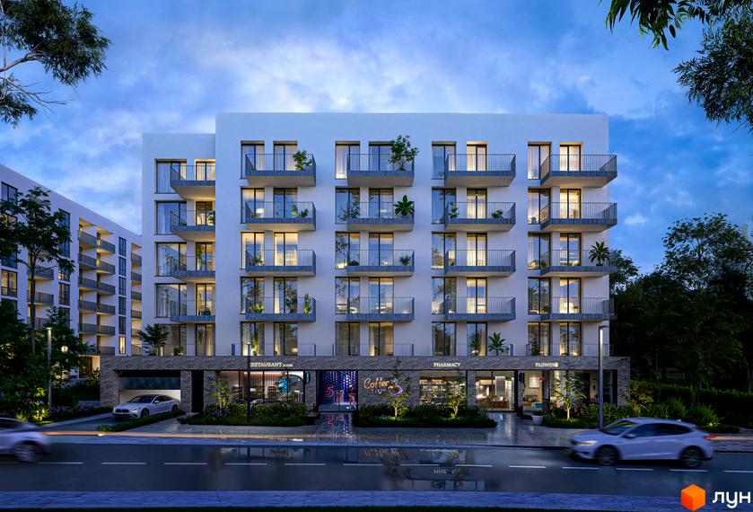 Житловий комплекс Green Yard - фасади будівель з балконами та вікнами, комерційні приміщення на першому поверсі, прибудинкова територія з деревами та дорогою.