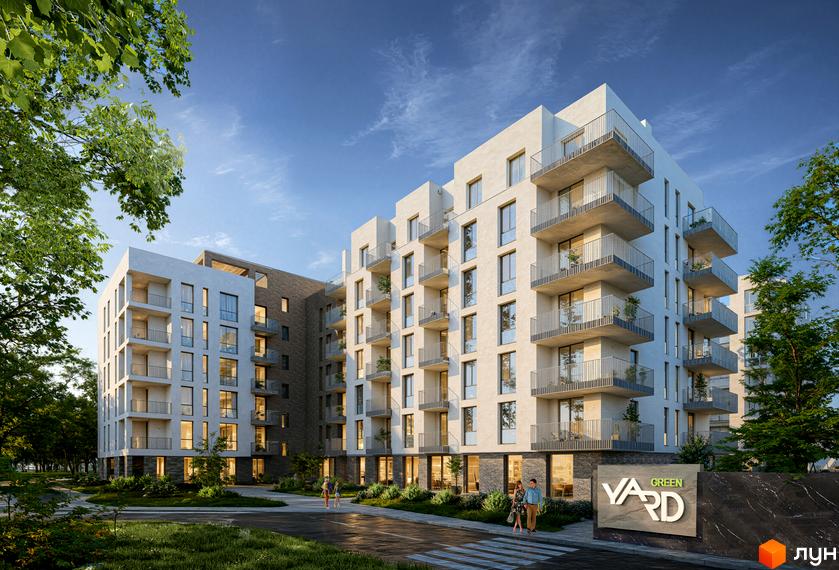 Житловий комплекс Green Yard - це сучасна новобудова з балконами та прибудинковою територією з деревами та пішохідними доріжками.