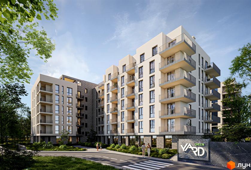 Новобудова Green Yard з балконами та цегляним фасадом, перед якою розташована прибудинкова територія з деревами та пішохідним переходом.