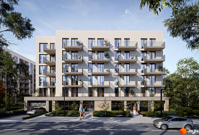 Житловий комплекс Green Yard - фасади будинку з балконами та вікнами, перед будинком зелена зона та дорога.