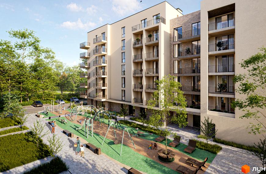 Житловий комплекс Green Yard. Сучасна новобудова з балконами та цегляним фасадом, дитячим майданчиком та зонами відпочинку.