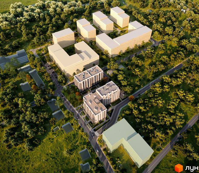 Житловий комплекс Green Yard: вид зверху на багатоповерхові будинки та зелену прибудинкову територію з деревами та доріжками.