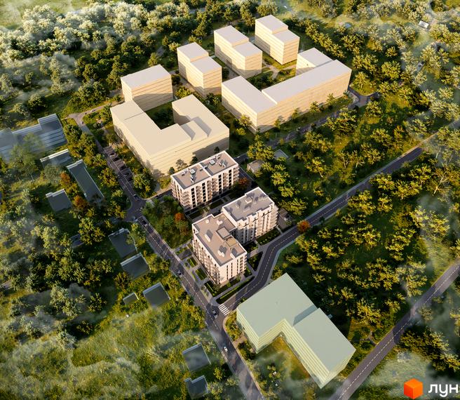 Житловий комплекс Green Yard. Аерофотозйомка новобудови з багатоквартирними будинками та прибудинковою територією, оточеною деревами.