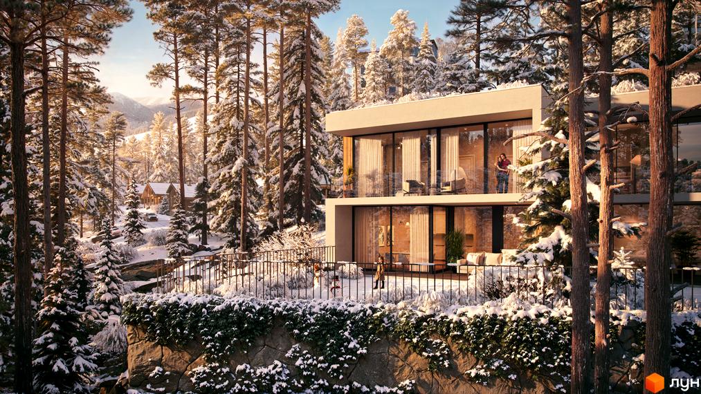 Котеджне містечко КМ Mountain Residence premium villas&spa. Сучасний двоповерховий будинок з панорамними вікнами на тлі зимового лісу та гір.