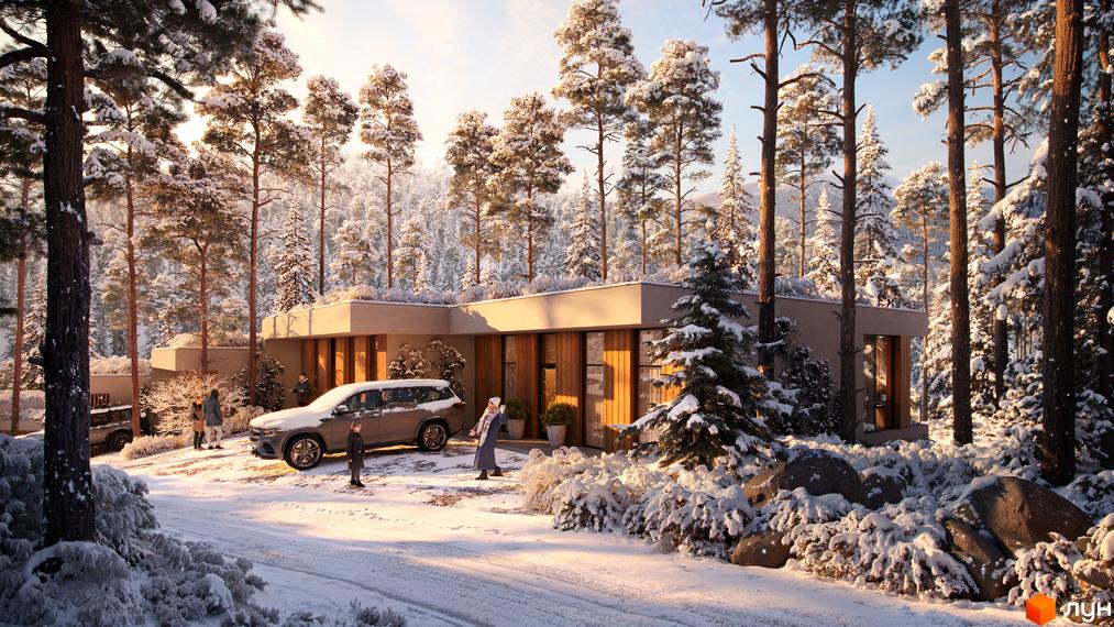 Котеджне містечко КМ Mountain Residence premium villas&spa з сучасним дизайном, оточене зимовим лісом та засніженою територією.