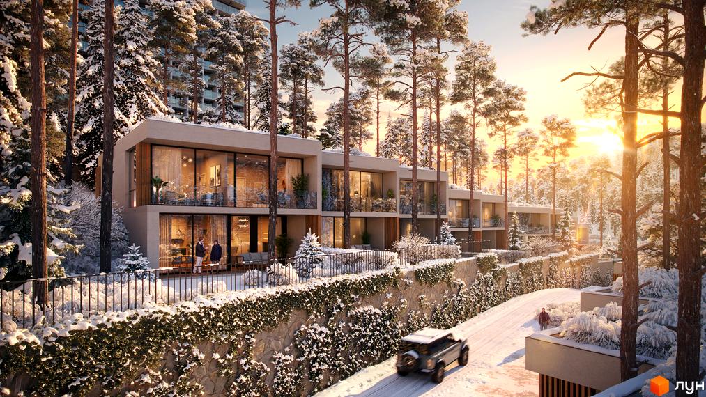 Котеджне містечко КМ Mountain Residence premium villas&spa з сучасними фасадами та панорамними вікнами в оточенні засніжених сосен. На прибудинковій території доріжка, автомобіль та люди.