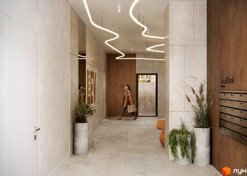 Вхідна група житлового комплексу SOUL PARK з поштовими скриньками та рослинами. Сучасний дизайн холу новобудови.