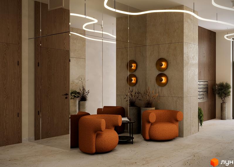 Інтер'єр холу житлового комплексу SOUL PARK з помаранчевими кріслами та дзеркалами. Вхідні двері та оздоблення стін у натуральних тонах.