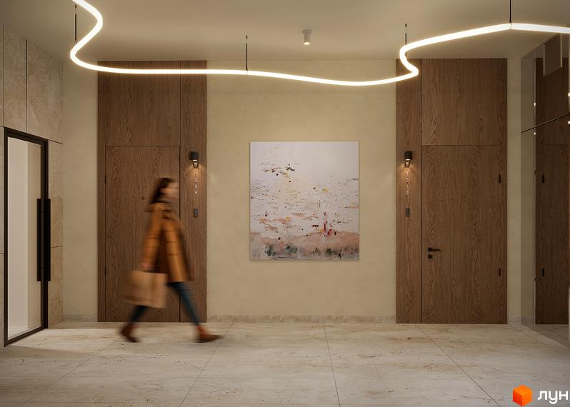 Житловий комплекс SOUL PARK: вхідна група з дерев'яними дверима та сучасним освітленням. Фото інтер'єру новобудови.