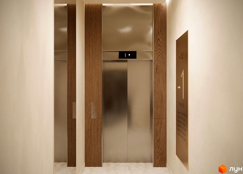 Інтер'єр холу житлового комплексу SOUL PARK з ліфтами та дерев'яними елементами. Опис поверхів на табличці біля ліфта.