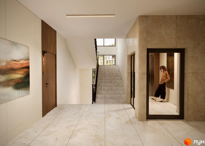 Вхідна група житлового комплексу SOUL PARK з дверима та сходами. Сучасний дизайн інтер'єру та оздоблення стін.