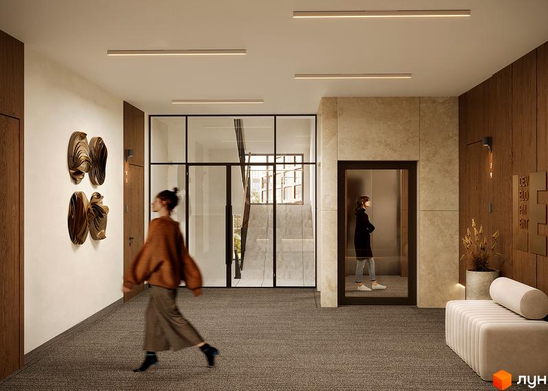 Дизайн холу новобудови ЖК SOUL PARK з елементами декору та ліфтом. Сучасний інтер'єр житлового комплексу.