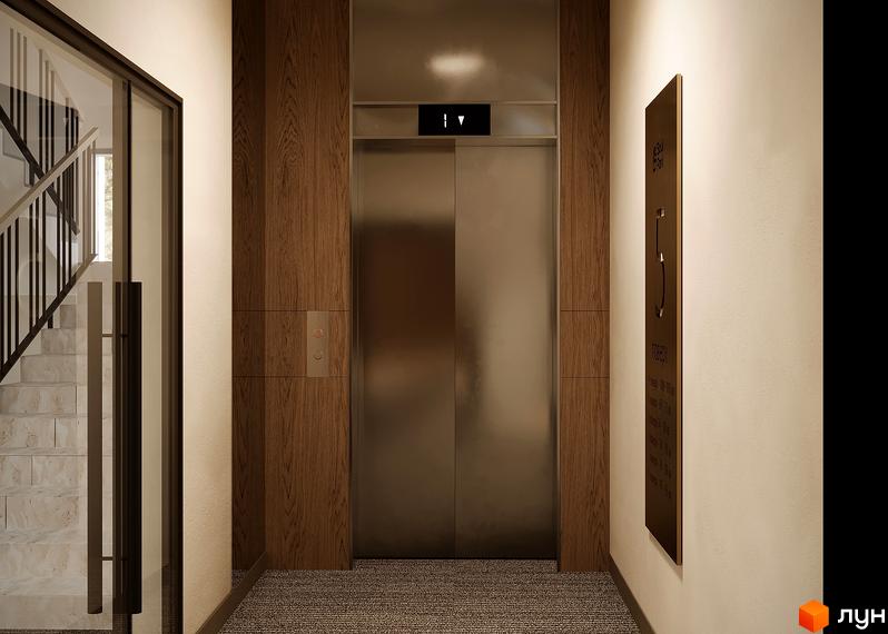 Сучасний хол з ліфтом та сходами в житловому комплексі SOUL PARK. Елегантний дизайн інтер'єру з дерев'яними панелями та металевими елементами.