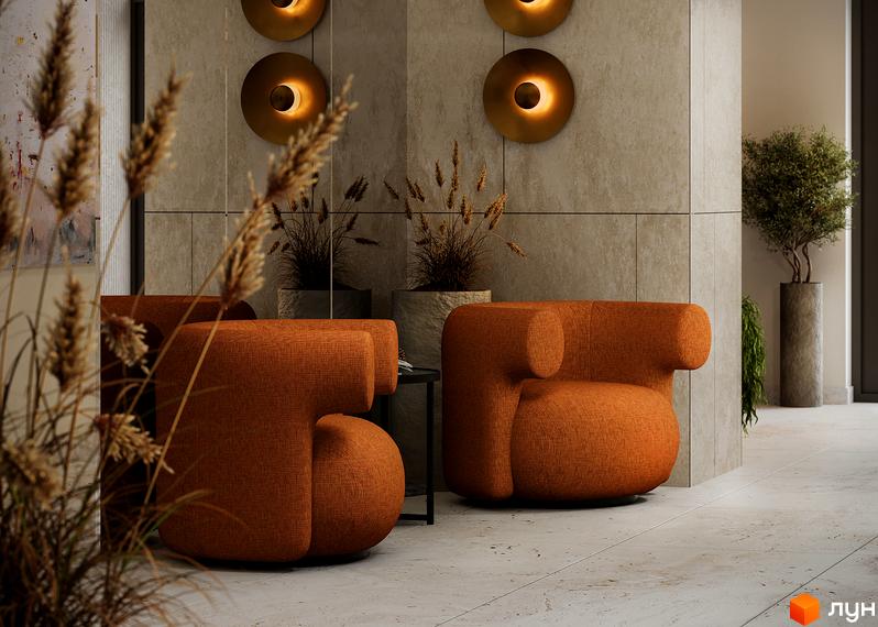 Інтер'єр вітальні в ЖК SOUL PARK з помаранчевими кріслами та декоративними рослинами. Сучасний дизайн простору для відпочинку.