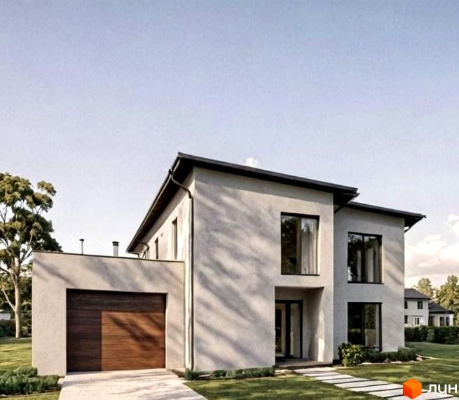 Котеджне містечко КМ на Тракті Глинянському: двоповерховий будинок з гаражем та великими вікнами, зелена галявина та доріжка з плитки. Новобудова біля Львова.