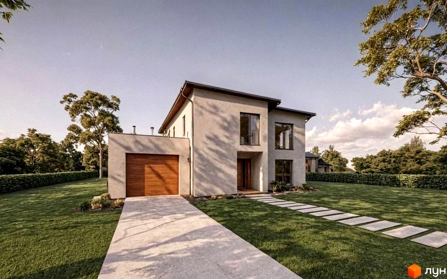 Котеджне містечко КМ на Тракті Глинянському: двоповерховий будинок з гаражем та доглянутою прибудинковою територією з газоном і доріжками.