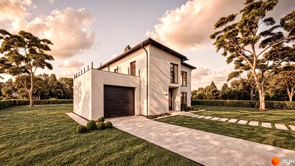 Котеджне містечко КМ на Тракті Глинянському. Зовнішній вигляд будинку та прибудинкова територія з газоном та деревами.