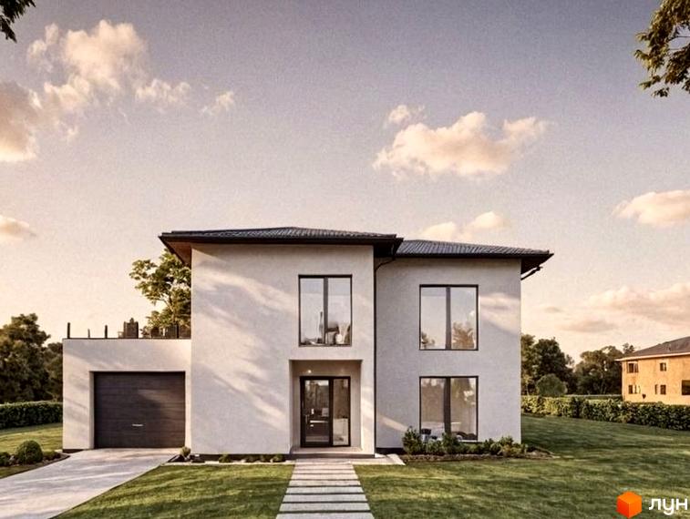 Котеджне містечко КМ на Тракті Глинянському: двоповерховий будинок з гаражем, вікнами та входом на тлі зеленого газону та дерев. На задньому плані видно інший будинок.