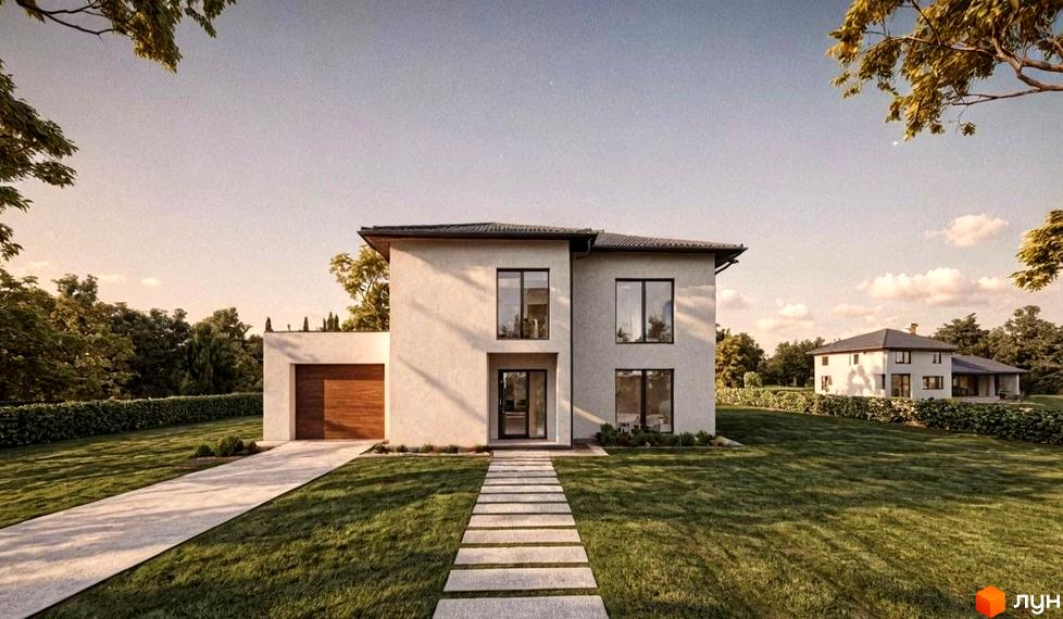 Котеджне містечко КМ на Тракті Глинянському: двоповерховий будинок з гаражем та великими вікнами, доріжка з плитки веде до входу, навколо зелений газон та дерева.