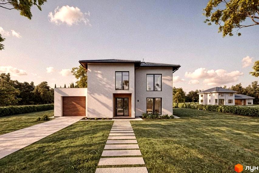 Котеджне містечко КМ на Тракті Глинянському - двоповерховий будинок з гаражем та доріжкою з плитки на зеленій ділянці.