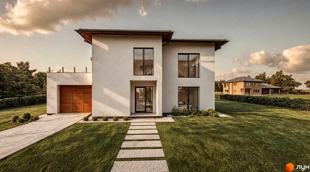 Котеджне містечко КМ на Тракті Глинянському: двоповерховий будинок з великими вікнами та дерев'яними воротами гаража, доглянутий газон та доріжка з каменю.