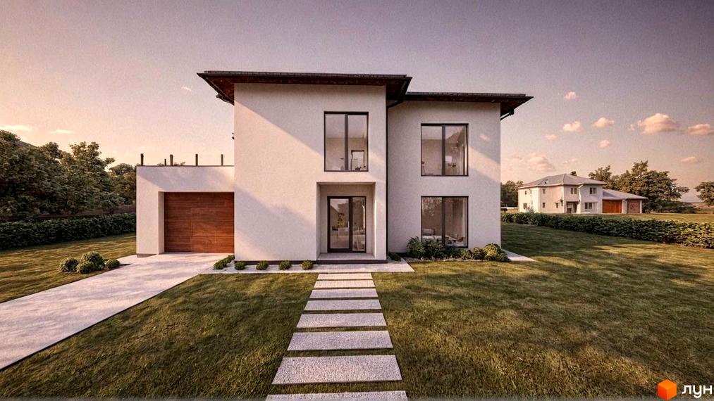 Зовнішній вигляд двоповерхового будинку з великими вікнами та дерев'яними елементами, розташованого на доглянутій прибудинковій території з газоном та доріжкою.