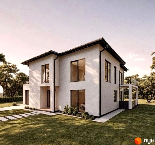 Котеджне містечко КМ на Тракті Глинянському: двоповерховий будинок з великими вікнами та зеленою галявиною навколо. Зовнішній вигляд будинку та прибудинкова територія.