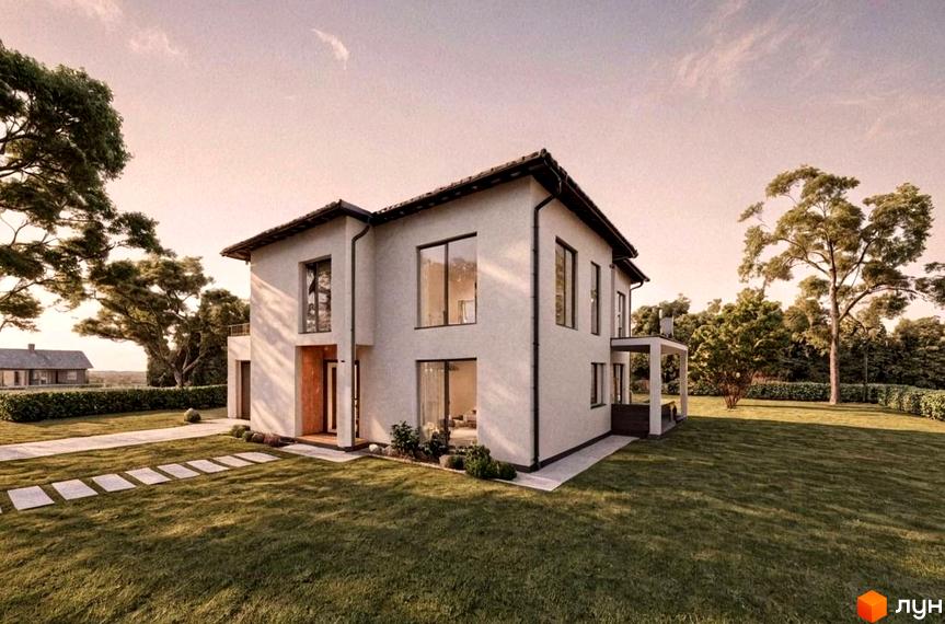 Котеджне містечко КМ на Тракті Глинянському: двоповерховий будинок з великими вікнами та прибудинкова територія з газоном та доріжкою.