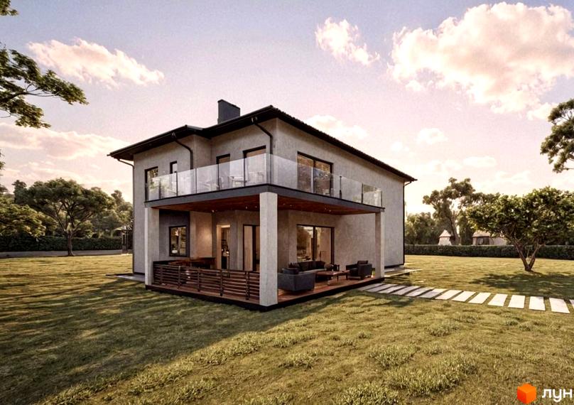 Котеджне містечко КМ на Тракті Глинянському: двоповерховий будинок з терасою та балконом, зелена галявина та доріжка з плитки.