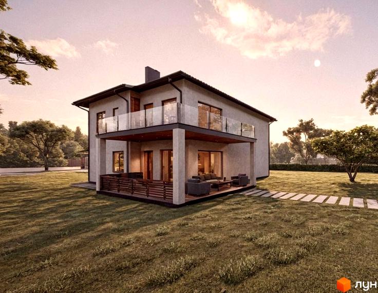 Котеджне містечко КМ на Тракті Глинянському: двоповерховий будинок з балконом та терасою, оточений зеленою галявиною та деревами.