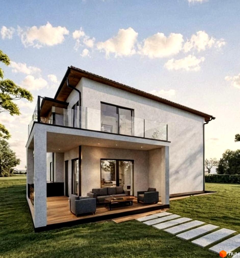 Котеджне містечко КМ на Тракті Глинянському: двоповерховий будинок з терасою та скляним балконом, оточений зеленим газоном та доріжкою з плитки.