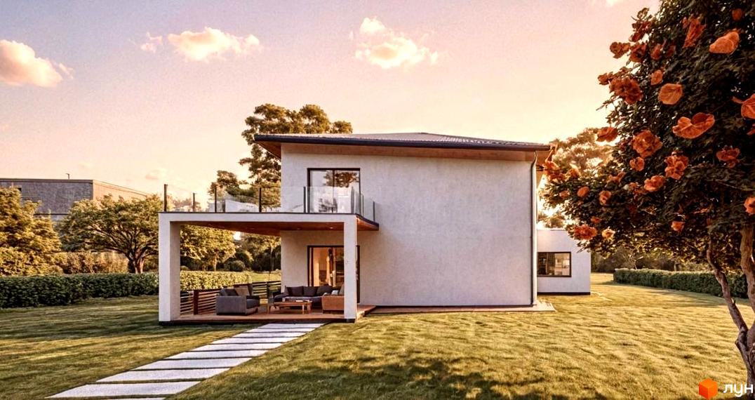 Котеджне містечко КМ на Тракті Глинянському: двоповерховий будинок з терасою та зоною відпочинку на прибудинковій території з газоном та доріжкою.