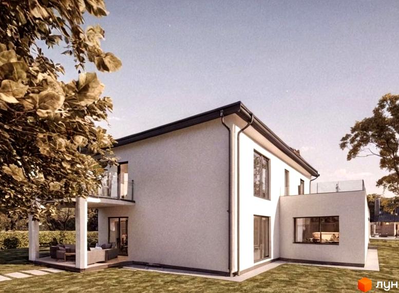 Зовнішній вигляд двоповерхового будинку з білою штукатуркою та великими вікнами. Навколо будинку доглянутий газон та дерева.