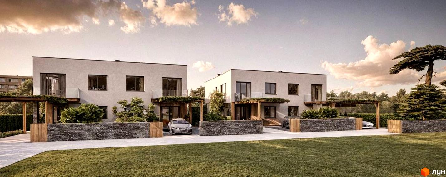 Котеджне містечко КМ на Тракті Глинянському. Сучасні двоповерхові будинки з панорамними вікнами та доглянутою прибудинковою територією з газоном та деревами.