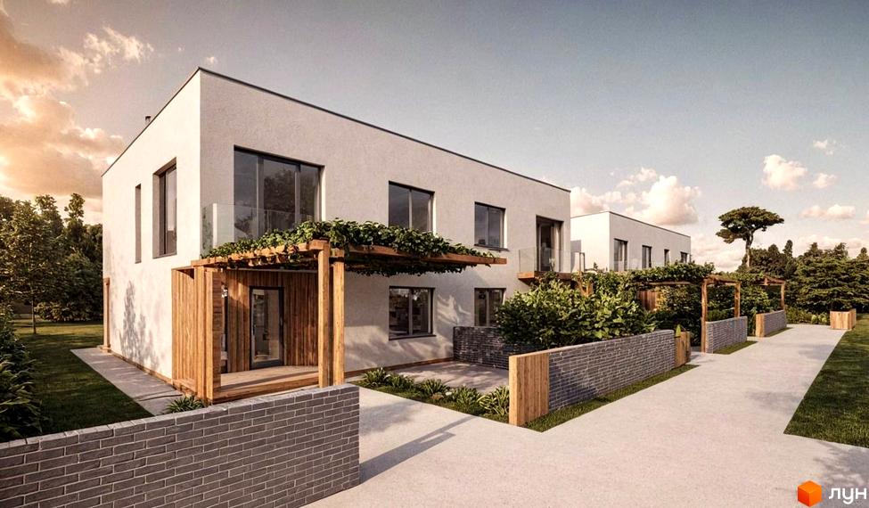 Котеджне містечко КМ на Тракті Глинянському. Зовнішній вигляд будинків з дерев'яними перголами та скляними огорожами, прибудинкова територія з газонами та цегляними стінами.